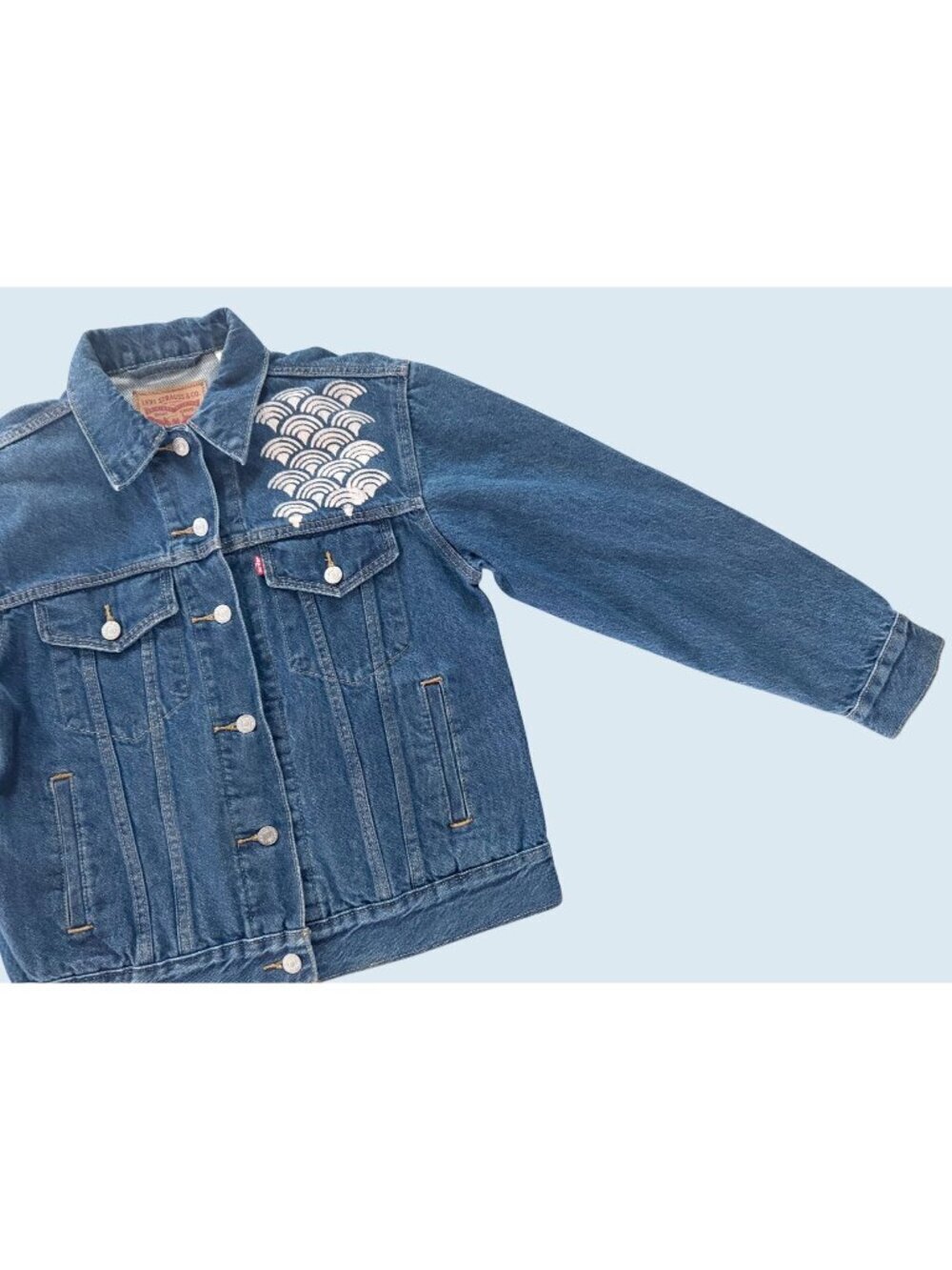 Levi's Custom Hand Painted Classic Trucker Denim Jacket Nautical Anchor Sz S